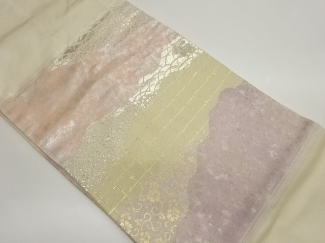 道長取り・格子に花唐草模様織出し名古屋帯